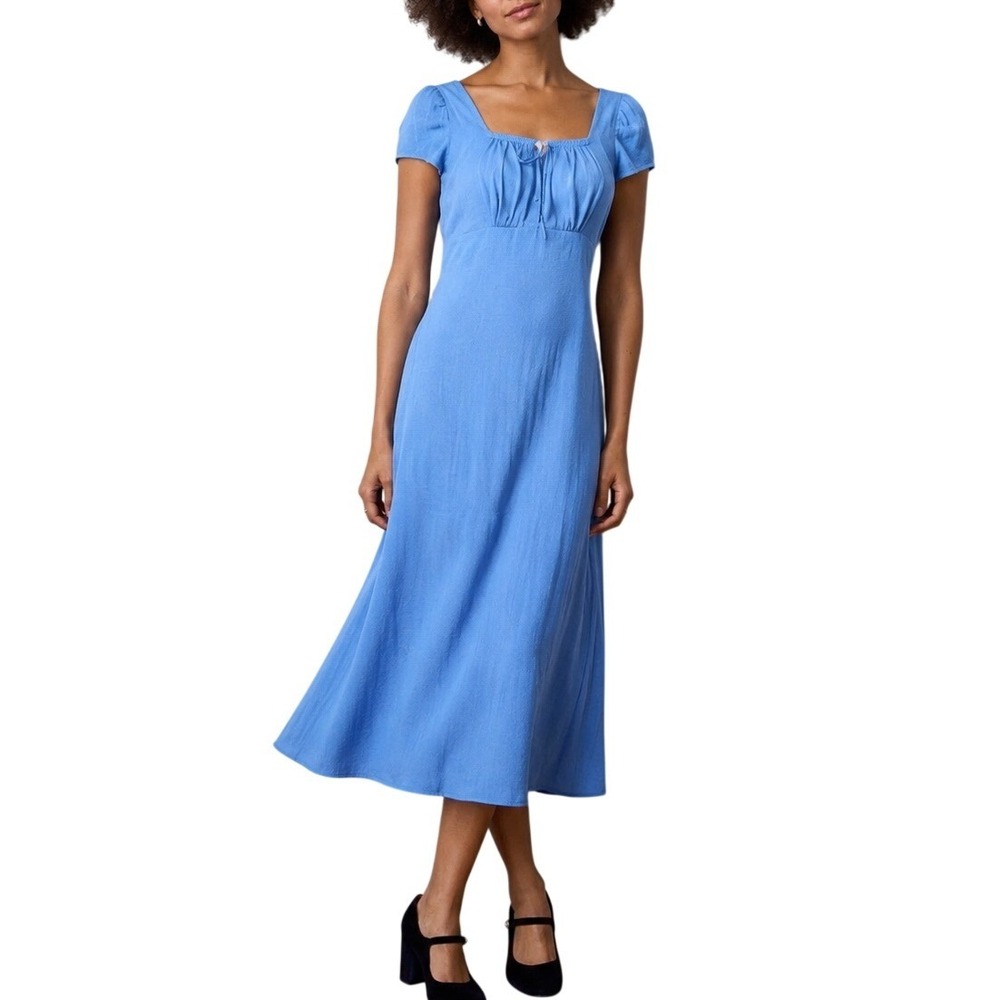 Lauren Conrad Empire Waist Midi Dress M Blue Satin Square Neck Milkmaid Prairie